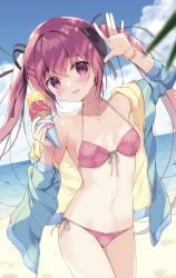 Rule 34 | 1girl, arm up, bikini, bikini under clothes, blue jacket, blush, breasts, food, highres, ice cream, ice cream cone, jacket, long hair, looking at viewer, miyasaka miyu, navel, off shoulder, open clothes, open jacket, original, pink bikini, red eyes, red hair, ribbon, side-tie bikini bottom, small breasts, smile, solo, swimsuit, thighs, twintails