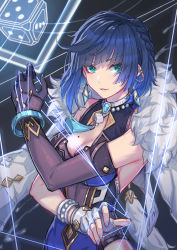 Rule 34 | 1girl, absurdres, aqua eyes, asymmetrical gloves, black gloves, blue hair, blue jacket, blue nails, blunt bangs, bracelet, breasts, cleavage, commentary request, dice, earrings, elbow gloves, fingerless gloves, fur-trimmed jacket, fur trim, genshin impact, gloves, highres, jacket, jacket on shoulders, jewelry, large breasts, looking at viewer, mismatched gloves, nail polish, nairobi song, parted lips, short hair, sleeveless, solo, white gloves, yelan (genshin impact)