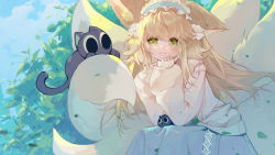 Rule 34 | 1girl, animal ears, arknights, black cat, blonde hair, blue hairband, blue skirt, blue sky, cat, closed mouth, cloud, cloudy sky, commentary request, crossover, day, fox ears, fox girl, fox tail, frilled hairband, frills, green eyes, hair between eyes, hairband, hands up, heixiu, highres, jacket, kitsune, long hair, long sleeves, looking at viewer, luo xiaohei, outdoors, puffy long sleeves, puffy sleeves, roquef, sitting, skirt, sky, sleeves past wrists, smile, suzuran (arknights), suzuran (spring praise) (arknights), tail, luo xiaohei zhanji, very long hair, white jacket
