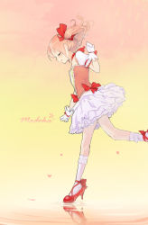 Rule 34 | 1girl, blush, bow, character name, closed eyes, closed mouth, doremi (doremi4704), dress, frilled skirt, frills, from side, hair bow, high heels, highres, kaname madoka, mahou shoujo madoka magica, mahou shoujo madoka magica (anime), pink hair, pink theme, profile, puffy short sleeves, puffy sleeves, red bow, red footwear, ripples, short hair, short sleeves, skirt, smile, socks, solo, standing, standing on one leg, twintails, walking, walking on liquid, white socks