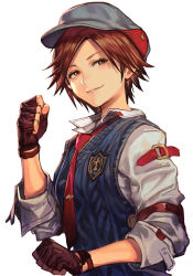 Rule 34 | 1girl, belt, beret, blue hat, blue vest, brown eyes, brown gloves, brown hair, clenched hands, closed mouth, fingerless gloves, gloves, hat, hungry clicker, kazama asuka, looking to the side, namco, necktie, red necktie, shirt, short hair, simple background, sleeves past elbows, sleeves rolled up, smile, solo, tekken, tekken 8, upper body, vest, white background, white shirt