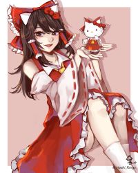 Rule 34 | 2girls, animal ears, ascot, bare shoulders, blush, border, bow, brown eyes, brown footwear, brown hair, cat, cat ears, collared vest, commentary request, cosplay, crossover, eyelashes, foot out of frame, frilled bow, frilled skirt, frills, hair bow, hair tubes, hakurei reimu, hakurei reimu (cosplay), happy, hat, hat bow, hello kitty, hello kitty (character), hello kitty (character) (cosplay), highres, holding, hoshiringo0902, kneehighs, lips, long hair, multiple girls, open mouth, red background, red bow, red footwear, red skirt, red vest, ribbon-trimmed sleeves, ribbon trim, sanrio, skirt, socks, teeth, touhou, upper teeth only, vest, white border, white cat, white legwear, white sleeves, wide sleeves, yellow ascot