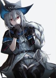 1girl, absurdres, arknights, ascot, bangs, belt, black capelet, black cloak, black gloves, black headwear, black neckwear, black pants, black shirt, bracelet, buttons, capelet, cloak, closed mouth, clothing cutout, cowboy shot, eyebrows visible through hair, gloves, grey background, hair between eyes, hand on own chin, hat, highres, jewelry, long hair, looking at viewer, lyas, pants, red eyes, shirt, silver hair, simple background, sitting, skadi (arknights), smile, solo, thigh cutout, thighs, very long hair, white background