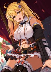 Rule 34 | 1girl, ahoge, alternate costume, bat wings, blonde hair, breasts, collared shirt, commentary, detached sleeves, frilled skirt, frilled thighhighs, frills, garter straps, gothic lolita, highres, hololive, kanzaki kureha, lolita fashion, looking at viewer, midriff, open mouth, shirt, sitting, skirt, smile, solo, striped clothes, striped thighhighs, thighhighs, vertical-striped clothes, vertical-striped thighhighs, virtual youtuber, wings, yellow eyes, yozora mel, yozora mel (5th costume)