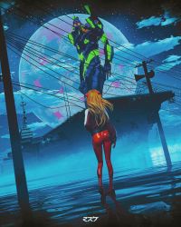Rule 34 | 1girl, absurdres, aircraft carrier, artist request, ass, back, bare legs, bare shoulders, battleship, bodysuit, cloud, cloudy sky, eva 01, evangelion: 3.0 you can (not) redo, full body, full moon, glowing, glowing eyes, hair ornament, hand in pocket, highres, humanoid robot, ikhimaz, interface headset, jacket, long hair, long sleeves, mecha, military, military vehicle, moon, neon genesis evangelion, neon lights, night, night sky, orange hair, outdoors, plugsuit, rebuild of evangelion, red bodysuit, red jacket, robot, shiny clothes, ship, simple background, sky, solo, souryuu asuka langley, standing, star (sky), starry sky, translation request, twintails, two side up, very long hair, warship, water, watercraft, wide hips, wire