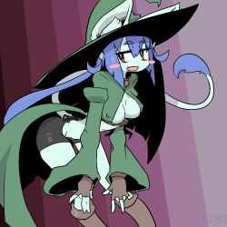 Rule 34 | 1girl, blue hair, cat, female focus, furry, furry female, hat, long hair, looking at viewer, no bra, open mouth, simple background, smile, solo, the amboina, witch hat, yellow eyes