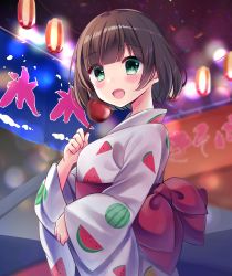 Rule 34 | 1girl, :d, bad id, bad pixiv id, blush, bow, brown hair, candy apple, commentary request, food, food print, green eyes, head tilt, highres, holding, holding food, japanese clothes, kimono, kooribata, lantern, long sleeves, looking at viewer, minami saki, night, obi, open mouth, original, outdoors, paper lantern, print kimono, red bow, sash, short hair, sleeves past wrists, smile, solo, summer festival, watermelon print, white kimono, wide sleeves, yukata