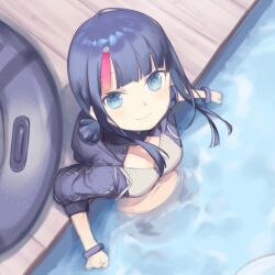 Rule 34 | 1girl, bikini, black hair, blue eyes, daisi gi, fate/requiem, fate (series), from above, highres, hood, hooded jacket, innertube, jacket, partially submerged, pool, short twintails, smile, swim ring, swimsuit, twintails, utsumi erice