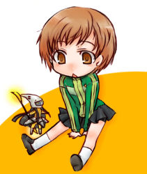 Rule 34 | 1girl, :o, atlus, black skirt, blush, brown eyes, chibi, creature, filly erhard, jacket, kneehighs, loafers, long sleeves, miniskirt, mukashi, open mouth, persona, persona 4, pleated skirt, satonaka chie, shoes, short hair, skirt, socks, solo, track jacket, triangle mouth, white socks