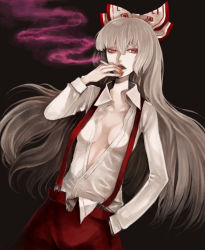 Rule 34 | 1girl, breasts, cigarette, clona, dark, female focus, fujiwara no mokou, hand in pocket, smoke, solo, touhou, unbuttoned
