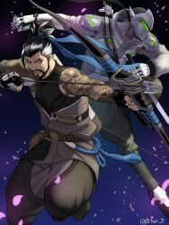 Rule 34 | 2boys, 5tatsu, archery, arm tattoo, arrow (projectile), baggy pants, black hair, blue background, blue ribbon, blue rope, bow (weapon), brothers, drawing bow, falling petals, fighting stance, genji (overwatch), gloves, grey hoodie, grey pants, hair pulled back, hair ribbon, hanzo (overwatch), helmet, highres, holding, holding arrow, holding bow (weapon), holding shuriken, holding sword, holding weapon, hood, hoodie, japanese clothes, low ponytail, male focus, mechanical parts, multicolored hair, multiple boys, overwatch, overwatch 2, pants, partially fingerless gloves, petals, ponytail, quiver, ribbon, rope, shuriken, siblings, streaked hair, sword, tattoo, twitter username, wakizashi, weapon, white hair