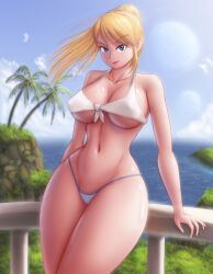 Rule 34 | 1girl, absurdres, beach house, blonde hair, blue eyes, blue pants, breasts, cleavage, curvy, day, female focus, hair in wind, highres, home, huge breasts, large breasts, long hair, looking at viewer, metroid, naughty face, nintendo, palm trees, pants, pink lips, ponytail, saf-404, samus aran, shiny body, shirt, smile, smirk, solo, standing, straight hair, sunlight rays, swimsuit, thick thighs, thighs, white shirt, white top, wide hips