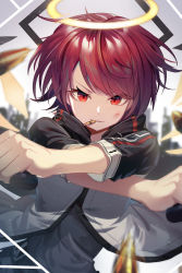 Rule 34 | 1girl, arknights, black shirt, blurry, blurry background, bullet, commentary request, crossed arms, depth of field, dual wielding, exusiai (arknights), glowing, grin, halo, highres, holding, jacket, looking at viewer, mouth hold, parted lips, red eyes, red hair, shirt, short sleeves, smile, solo, sugar (dndi888), v-shaped eyebrows, white jacket