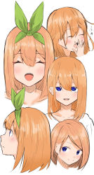 Rule 34 | 1girl, :d, auui, blue eyes, blush, brown hair, closed eyes, closed mouth, commentary request, cropped shoulders, cropped torso, go-toubun no hanayome, green ribbon, hair between eyes, hair ribbon, hand to own mouth, hand up, highres, long hair, looking at viewer, multiple views, nakano yotsuba, open mouth, ribbon, shirt, simple background, smile, translation request, white background, white shirt, yawning