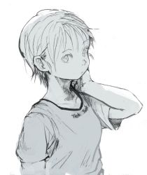 Rule 34 | 1girl, burari, clothes writing, expressive clothes, greyscale, looking at viewer, monochrome, original, shirt, short hair, short sleeves, simple background, solo, upper body, white background