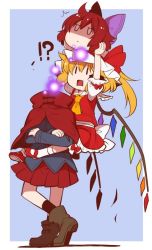 Rule 34 | !?, 2girls, :|, ^^^, ahoge, arm up, arms up, ascot, blonde hair, blue background, border, bow, cape, chibi, closed mouth, crossed arms, crystal, demon wings, disembodied head, eichi yuu, expressionless, flandre scarlet, full body, hair bow, hat, hat ribbon, long sleeves, mary janes, mob cap, multiple girls, o o, open mouth, pointy ears, ponytail, puffy short sleeves, puffy sleeves, red bow, red hair, red skirt, ribbon, sekibanki, shaded face, shoes, short sleeves, skirt, square mouth, surprised, touhou, vampire, wings, | |