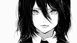 Rule 34 | 1girl, black hair, chainsaw man, greyscale, hair between eyes, inoitoh, looking at viewer, monochrome, nayuta (chainsaw man), ringed eyes, short hair, simple background, solo, white background