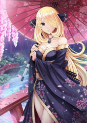 Rule 34 | 00s, 1girl, alternate costume, blonde hair, breasts, bridge, cherry blossoms, cleavage, creatures (company), cynthia (pokemon), floral print, game freak, garden, hair ornament, hair over one eye, highres, japanese clothes, kimono, large breasts, long hair, looking at viewer, nintendo, oil-paper umbrella, petals, pokemon, pokemon dppt, smile, solo, sunimu, umbrella, very long hair, water, yellow eyes
