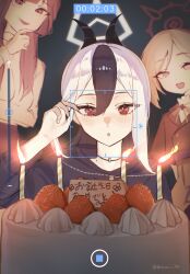 Rule 34 | 3girls, adjusting hair, aru (blue archive), black choker, black hair, black hoodie, blue archive, blush, cake, candle, choker, commentary request, facing viewer, food, fruit, halo, hand on own chin, hand up, happy birthday, highres, hood, hoodie, horns, kayoko (blue archive), long hair, multicolored hair, multiple girls, mutsuki (blue archive), open mouth, red eyes, red hair, red halo, shiosai 73, sidelocks, strawberry, twitter username, two-tone hair, viewfinder, white hair, white halo