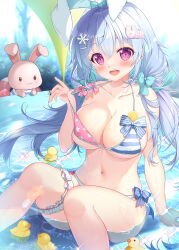 Rule 34 | 1girl, animal ears, aqua bow, bikini, blush, bow, commentary request, food, fruit, hair bow, hair ornament, highres, lemon, lemon slice, long hair, mikeou, mismatched bikini, open mouth, original, outdoors, pink bow, pink eyes, pool, rabbit ears, rubber duck, snowflake hair ornament, solo, sparkle, stuffed animal, stuffed rabbit, stuffed toy, swimsuit, united states, water