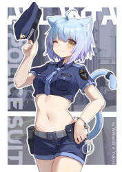 Rule 34 | 1girl, ;3, absurdres, ahoge, alternate costume, animal ear fluff, animal ears, artist name, atlanta (warship girls r), belt, belt pouch, blue hair, blue necktie, blue shirt, blue shorts, blue tail, breast pocket, breasts, cat ears, cat tail, character name, chinese commentary, closed mouth, collaboration, collared shirt, commentary request, cowboy shot, crop top, cuffs, grey belt, groin, hand up, handcuffs, hat, unworn hat, unworn headwear, highres, holding, holding clothes, holding hat, holster, looking at viewer, medium breasts, midriff, navel, necktie, one eye closed, outline, pocket, police, police badge, police hat, police uniform, policewoman, pouch, shirt, short hair, short shorts, short sleeves, shorts, sidelocks, small breasts, smile, solo, standing, tail, tail ornament, thick eyebrows, uniform, warship girls r, william.b, yellow eyes, yukiri (l ii)