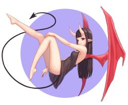 Rule 34 | 1girl, alohayuja, bare legs, barefoot, black dress, blunt bangs, breasts, closed mouth, commentary request, copyright request, demon girl, dress, feet, floating, from side, full body, hand on own knee, horns, knee up, korean commentary, leg up, long hair, looking at viewer, looking to the side, oni horns, pointy ears, red wings, see-through, see-through dress, simple background, sleeveless, sleeveless dress, small breasts, smile, solo, straight hair, tail, white background, wings