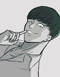 Rule 34 | 1boy, collared shirt, evil grin, evil smile, floch forster, green hair, greyscale, grin, hand up, index finger raised, looking at viewer, monochrome, shingeki no kyojin, shirt, short hair, smile, solo, spot color