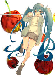 Rule 34 | 1girl, 3774., apple, aqua eyes, aqua hair, blue jacket, commentary, cup, disposable cup, drawstring, food, fruit, grey skirt, half-closed eyes, hatsune miku, highres, holding, holding cup, hood, hoodie, jacket, leg up, long hair, looking at viewer, miniskirt, open mouth, pleated skirt, skirt, solo, string phone, twintails, very long hair, vocaloid, white background, white hoodie