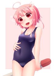 Rule 34 | 10s, 1girl, :d, ahoge, breasts, cleavage, hair ornament, holding, i-58 (kancolle), kantai collection, one-piece swimsuit, open mouth, pink eyes, pink hair, school swimsuit, shigure (pikussibu), short hair, small breasts, smile, solo, swimsuit, torpedo, type 95 torpedo