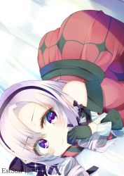 Rule 34 | 1girl, aties20, bare shoulders, bed sheet, black gloves, closed mouth, commentary request, detached sleeves, dress, gloves, hyakumantenbara salome, hyakumantenbara salome (1st costume), juliet sleeves, long sleeves, looking at viewer, nijisanji, parted bangs, puffy sleeves, purple eyes, red dress, red sleeves, sleeveless, sleeveless dress, smile, solo, virtual youtuber