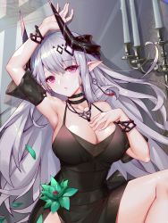 Rule 34 | 1girl, alternate eye color, arknights, arm up, armpits, bare shoulders, black choker, breasts, candle, candlestand, chinese commentary, choker, cleavage, commentary request, cross, cross necklace, detached sleeves, earrings, female focus, flower, green flower, grey hair, hand on own chest, horns, indoors, jewelry, large breasts, misheng liu yin, mudrock (arknights), mudrock (obsidian) (arknights), necklace, official alternate costume, parted lips, petals, pink eyes, pointy ears, short sleeves, solo, upper body