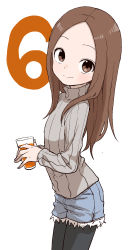 Rule 34 | 1girl, black pantyhose, blue shorts, brown eyes, brown hair, closed mouth, commentary request, cup, cutoffs, drink, drinking glass, forehead, grey sweater, highres, holding, holding cup, karakai jouzu no takagi-san, long hair, looking at viewer, pantyhose, parted bangs, ribbed sweater, short shorts, shorts, simple background, smile, solo, sweater, takagi-san, turtleneck, turtleneck sweater, white background, yamamoto souichirou