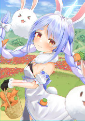 Rule 34 | absurdres, animal ear fluff, animal ears, arm cuffs, basket, black gloves, black leotard, blue hair, blurry, blurry foreground, blush, braid, breasts, bush, carrot, carrot hair ornament, carrot in pocket, chromatic aberration, cloud, coat, coat dress, commentary, detached sleeves, don-chan (usada pekora), dress, field, flower, flower field, foliage, food-themed hair ornament, from side, fur-trimmed coat, fur-trimmed gloves, fur scarf, fur trim, gloves, grass, hair ornament, hair strand, head tilt, highres, hikimayu, holding, holding basket, hololive, hololive alternative, hololive fantasy, huge weapon, leotard, leotard under clothes, long hair, looking at viewer, looking to the side, multicolored hair, orange eyes, path, pekomon (usada pekora), planted, planted sword, planted weapon, puffy short sleeves, puffy sleeves, rabbit-shaped pupils, rabbit ears, rabbit girl, rabbit tail, road, short eyebrows, short sleeves, sky, small breasts, smile, solo, strapless, strapless coat, strapless dress, strapless leotard, sword, symbol-shaped pupils, tail, thick eyebrows, to-bo e, twin braids, two-tone hair, usada pekora, usada pekora (1st costume), virtual youtuber, walking, weapon, white coat, white hair, white sleeves, wicker basket
