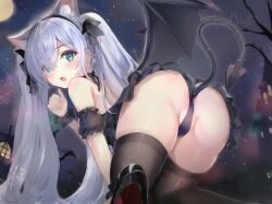 Rule 34 | 1girl, 28yama, all fours, anal, anal object insertion, anal tail, animal ear fluff, animal ears, anus, anus peek, arm garter, ass, azur lane, backless dress, backless outfit, bare tree, bat (animal), black dress, black footwear, black hairband, black panties, black ribbon, black thighhighs, blue eyes, blush, cat ears, clothing aside, commentary, crotch seam, demon tail, demon wings, dress, eyes visible through hair, fake tail, feet out of frame, frilled dress, frills, from behind, full moon, grey hair, hair between eyes, hair ribbon, hairband, high heels, janus (azur lane), janus (fright-night scaredy-cat) (azur lane), long hair, looking at viewer, looking back, moon, night, night sky, object insertion, official alternate costume, open mouth, panties, panties aside, ribbon, short dress, skindentation, sky, solo, star (sky), star (symbol), starry sky, tail, thighhighs, thighs, thong, tree, twintails, underwear, very long hair, wings, wrist cuffs