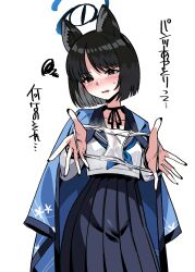 Rule 34 | 1girl, absurdres, black eyes, black hair, black sailor collar, black skirt, blue archive, blue halo, blue neckerchief, blush, halo, haori, harigane shinshi, highres, japanese clothes, kikyou (blue archive), long sleeves, looking at viewer, neckerchief, open mouth, panties, pleated skirt, sailor collar, school uniform, serafuku, short hair, simple background, skirt, solo, translation request, underwear, white background, white panties
