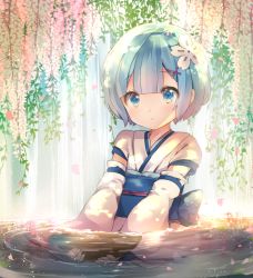 Rule 34 | 1girl, blue eyes, blue hair, blush, bowl, commentary request, detached sleeves, flower, hair flower, hair ornament, hairclip, has bad revision, has cropped revision, holding, holding bowl, japanese clothes, kimono, long sleeves, md5 mismatch, melings (aot2846), obi, partially submerged, petals, petals on liquid, pink flower, re:zero kara hajimeru isekai seikatsu, rem (re:zero), resolution mismatch, sash, short hair, sleeveless, sleeveless kimono, solo, source smaller, water, white flower, white kimono, white sleeves, wide sleeves, x hair ornament