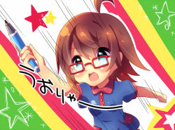 Rule 34 | 1girl, ahoge, blue eyes, brown hair, character request, glasses, open mouth, pen, shirt, short hair, solo, source request, star (symbol), urara (sumairuclover)