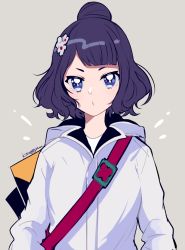 Rule 34 | 1girl, black hair, blue eyes, fate/grand order, fate (series), flower, grey background, hair bun, hair flower, hair ornament, hood, hooded jacket, jacket, katsushika hokusai (fate), katsushika hokusai (traveling outfit) (fate), kisaragi yuu (fallen sky), looking at viewer, official alternate costume, short hair, signature, simple background, single hair bun, solo, upper body, white flower, white jacket