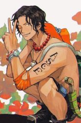 Rule 34 | 1boy, ;), backpack, bag, bead necklace, beads, black hair, freckles, grin, hat, unworn hat, unworn headwear, jewelry, male focus, necklace, one eye closed, one piece, plant, portgas d. ace, smile, solo, tattoo, topless male, v, yashi vv