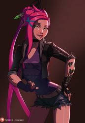 Rule 34 | 1girl, alternate costume, alternate hair color, alternate hairstyle, breasts, choker, cleavage, cropped jacket, cutoffs, fingerless gloves, gloves, green eyes, hair bun, hair ornament, hand on own hip, jinx (league of legends), league of legends, lipstick, long hair, makeup, md5 mismatch, morganagod, narrow waist, pink hair, resolution mismatch, scissors, short shorts, shorts, single hair bun, zombie slayer jinx, sleeves rolled up, small breasts, solo, source smaller, very long hair, x hair ornament, zombie slayer jinx