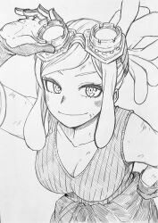 Rule 34 | 1girl, boku no hero academia, breasts, cleavage, collarbone, cowboy shot, crosshair pupils, gloves, goggles, goggles on head, greyscale, grin, hand on own hip, hatsume mei, highres, large breasts, leaning forward, long hair, looking at viewer, medium hair, monochrome, nagatomo1565, sidelocks, sleeveless, smile, solo, symbol-shaped pupils, tank top