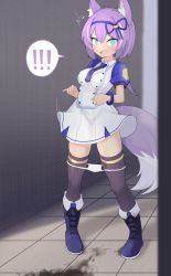 Rule 34 | !, !!, 1girl, animal ears, blue eyes, caught, embarrassed, fang, highres, looking at viewer, open mouth, outdoors, panties, panty pull, public indecency, puddle, purple hair, ruhuyu (show by rock!!), show by rock!!, sinasimu, skin fang, solo, tail, thighhighs, underwear, wolf ears, wolf girl, wolf tail