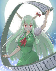 Rule 34 | 1girl, arm up, arnest, ascot, bow, breasts, dress, ex-keine, full moon, green dress, green hair, highres, holding, holding scroll, horn bow, horn ornament, horns, kamishirasawa keine, long hair, looking at viewer, moon, open mouth, red ascot, red bow, red eyes, scroll, shirt, short sleeves, solo, touhou, white shirt