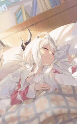 Rule 34 | 1girl, ahoge, bedroom, blue archive, child, demon horns, female focus, head on pillow, hina (blue archive), hina (pajamas) (blue archive), horns, indoors, li-mi, lying, on bed, open mouth, pajamas, pov, sleeping, sunlight, under covers, white hair