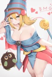Rule 34 | 1girl, absurdres, bad id, bad pixiv id, bare shoulders, blonde hair, breasts, cleavage, commentary request, dark magician girl, duel monster, green eyes, hair between eyes, hat, heart, highres, kuriboh, large breasts, leaning forward, long hair, looking at viewer, mo (mainiti omoti), v over eye, wand, wizard hat, yu-gi-oh!