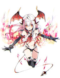 Rule 34 | 1girl, :o, bare shoulders, black choker, black footwear, black gloves, black panties, black thighhighs, blush, boots, brown eyes, choker, collarbone, commentary request, copyright request, crop top, demon girl, demon tail, demon wings, detached sleeves, fang, frilled panties, frills, full body, gloves, hair between eyes, hair ornament, head wings, highres, kikka (kicca choco), long hair, long sleeves, looking at viewer, outstretched arms, panties, parted lips, pointy ears, red neckwear, red wings, shirt, silver hair, sketch, sleeveless, sleeveless shirt, solo, tail, thigh boots, thighhighs, torn clothes, torn shirt, underwear, v-shaped eyebrows, very long hair, white shirt, wings