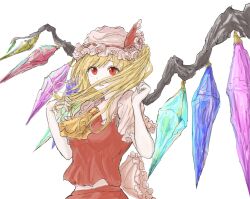 Rule 34 | 1girl, ascot, back bow, blonde hair, bow, breasts, crystal, flandre scarlet, floating hair, foreshortening, frilled shirt collar, frills, hands up, hat, highres, kashiwada kiiho, light frown, mob cap, one side up, parted lips, perspective, puffy short sleeves, puffy sleeves, red eyes, red skirt, red vest, short sleeves, simple background, skirt, skirt set, small breasts, solo, touhou, upper body, vest, white background, wings, yellow ascot