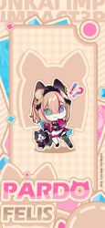 Rule 34 | !?, 1girl, = =, animal, animal ear fluff, animal ears, black cat, black footwear, black gloves, black shorts, black thighhighs, blue eyes, braid, can (honkai impact), cat, cat ears, cat girl, cat tail, character name, chibi, chinese commentary, clenched hand, closed mouth, fingerless gloves, gloves, green eyes, heterochromia, high ponytail, highres, honkai (series), honkai impact 3rd, jacket, light brown hair, logo, long sleeves, medium hair, official alternate costume, official art, official wallpaper, open clothes, open hand, open jacket, open mouth, pardofelis (honkai impact), pink jacket, pink sleeves, shorts, single bare leg, single thighhigh, standing, surprised, sweatdrop, tail, thighhighs