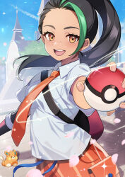 Rule 34 | 1girl, :d, backpack, bag, black hair, breast pocket, building, commentary request, creatures (company), day, eyelashes, freckles, game freak, green hair, hachimitsu monte, holding, holding poke ball, looking at viewer, multicolored hair, necktie, nemona (pokemon), nintendo, open mouth, orange eyes, orange necktie, orange shorts, outdoors, pawmi, pocket, poke ball, poke ball (basic), pokemon, pokemon (creature), pokemon sv, ponytail, shirt, short sleeves, shorts, smile, sparkling eyes, teeth, tongue, two-tone hair, upper teeth only