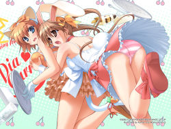 Rule 34 | 1990s (style), 2girls, animal ears, ass, blue eyes, blush, bow, breasts, brown eyes, brown hair, camisole, cat ears, cat tail, cherry, food, fruit, fumio (ura fmo), game cg, gloves, grabbing, grabbing another&#039;s breast, groping, hair ribbon, highres, kugahara mimori, kunugi ayano, lace, lace-trimmed panties, lace trim, lingerie, long hair, long legs, looking back, medium breasts, multiple girls, open mouth, panties, pantyshot, petticoat, pia carrot (series), pia carrot e youkoso!!, pia carrot e youkoso!! g.o., pink panties, plaid, rabbit ears, rabbit tail, retro artstyle, ribbon, shoes, short hair, skirt, spill, spoon, standing, striped clothes, striped panties, surprised, tail, tail ornament, tail ribbon, tray, trefoil, tripping, twintails, underwear, uniform, upskirt, waitress, wallpaper